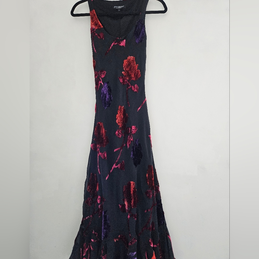 Betsey Johnson Vintage  Black Purple Red Orange Velvet Applique Ruffled Dress - Picture 15 of 16
